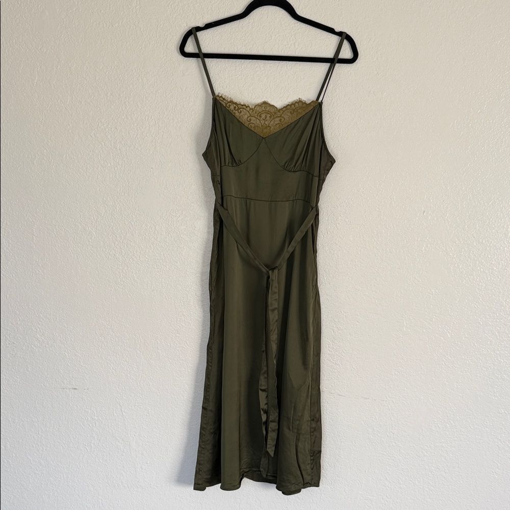 Vintage Olive Green Lace Trim Slip Y2K 90s holiday party Dress - Picture 1 of 10